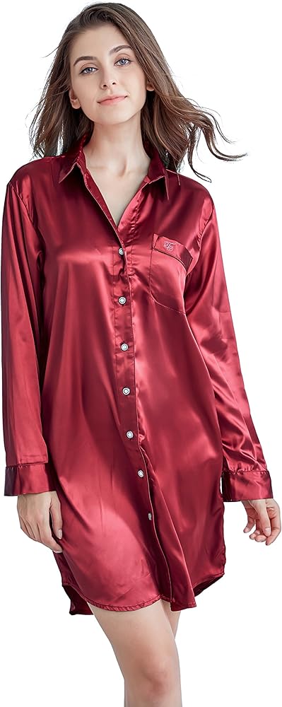 TONY AND CANDICE Women’s Sleep Shirt, Satin Pajama Top Long Sleeve Nightshirt