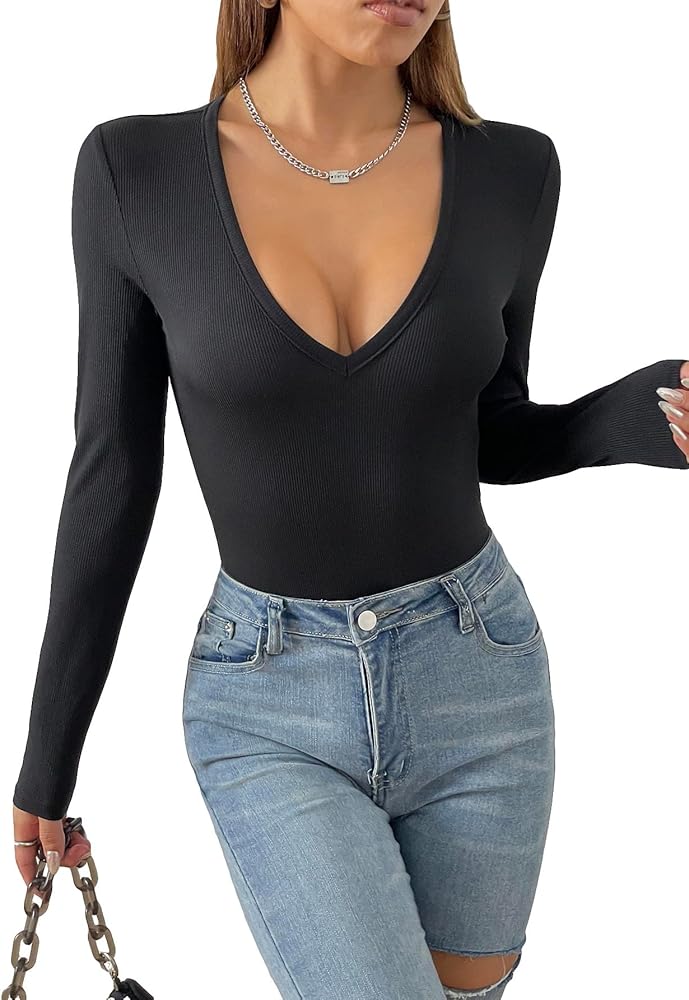 SOLY HUX Women's Bodysuit V Neck Long Sleeve Ribbed Knit Bodysuit T Shirt Tops