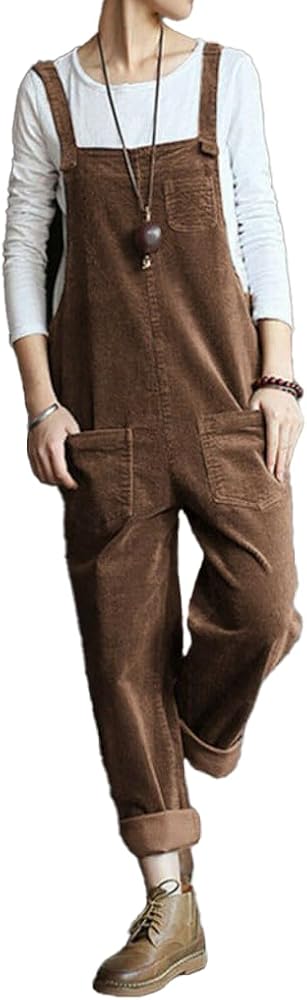 Plus Size Women's Corduroy Bib Overalls Casual Loose Long Bib Pants Baggy Comfy Rompers Jumpsuits with Pockets