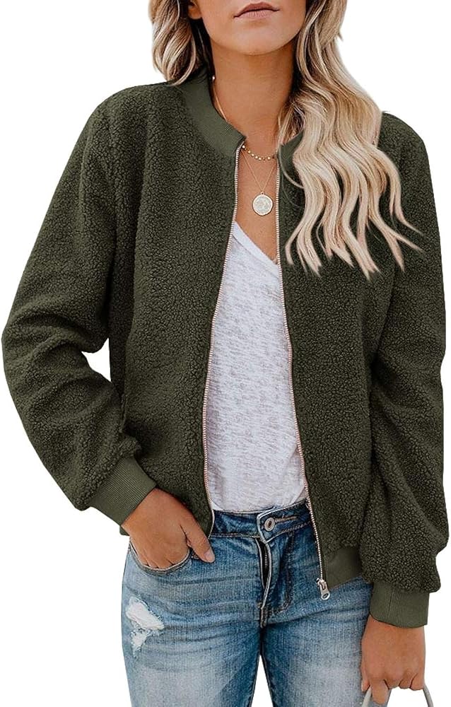 Eurivicy Women Fleece Jacket Winter Bomber Long Sleeve Faux Sherpa Fuzzy Casual Zip Up Coat Pocket