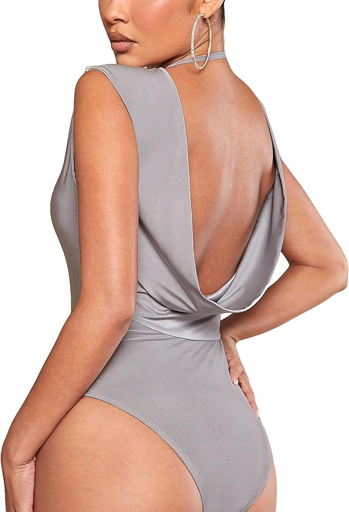 OYOANGLE Women's Sexy Draped Backless Solid Tank Bodysuit Sleeveless Halter Round Neck Leotard Top