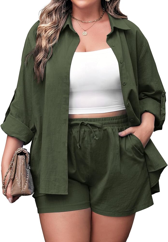 IN'VOLAND Women's Plus Size 2 Piece Outfits Cotton Linen Shirt and Drawstring Shorts Set Summer Tracksuits 2024