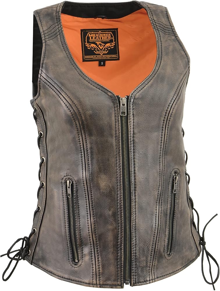 Milwaukee Leather Black or Brown Women's Open Neck Side Lace Zipper Front Vest