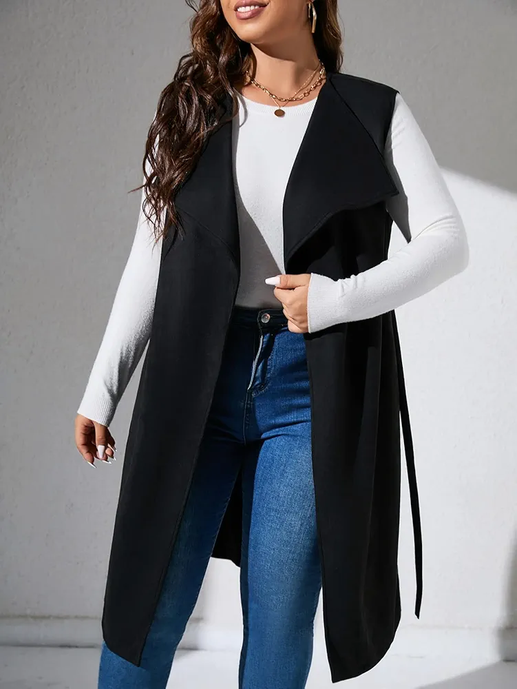 NTPKS Women's Plus Size Jacket Fashion Casual Plus Waterfall Collar Belted Vest Coat Warmth Special Autumn and Winter Fashion Novel (Color : Black, Size : X-Large)