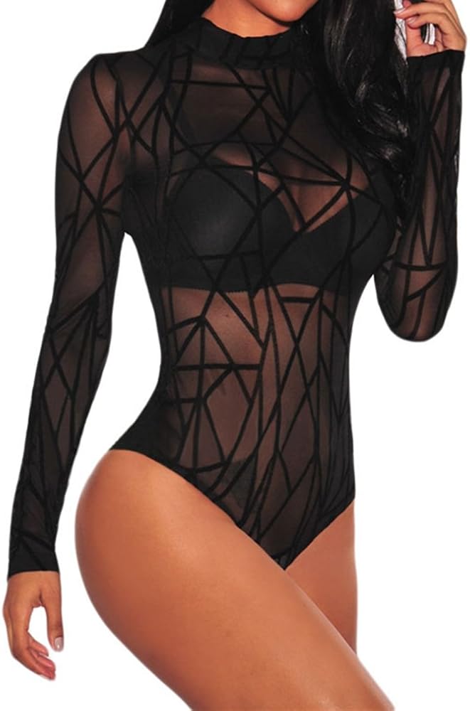 Women's Sexy Sheer Mesh Geometric Velvet Long Sleeve Bodysuit