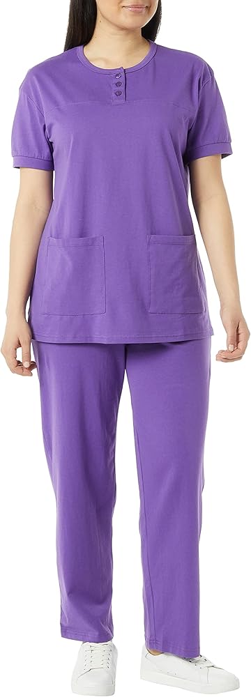 AmeriMark Women's Henley Pant Set Short Sleeve Top with Pocket & Pull-On Pants