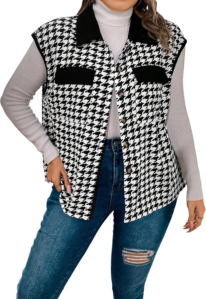 Floerns Women's Plus Houndstooth Print Flap Pocket Vest Jacket Cap Sleeve Collar Coat