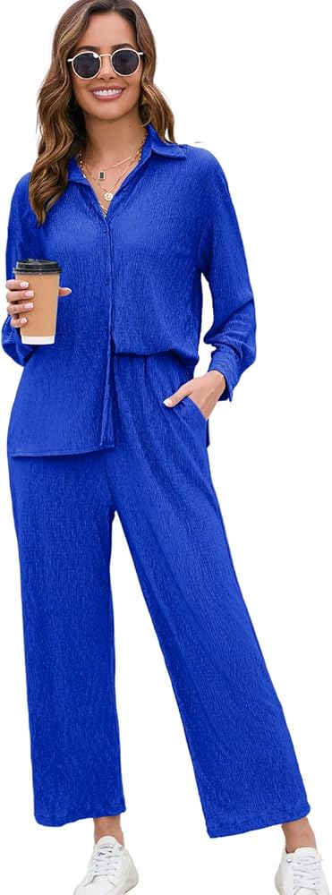 BLUEMING Women Two Piece Casual Outfits Y2K Loungewear Pleated Wide Leg Pants Long Sleeve Button Down Shirt Streetwear Set Dark Blue L