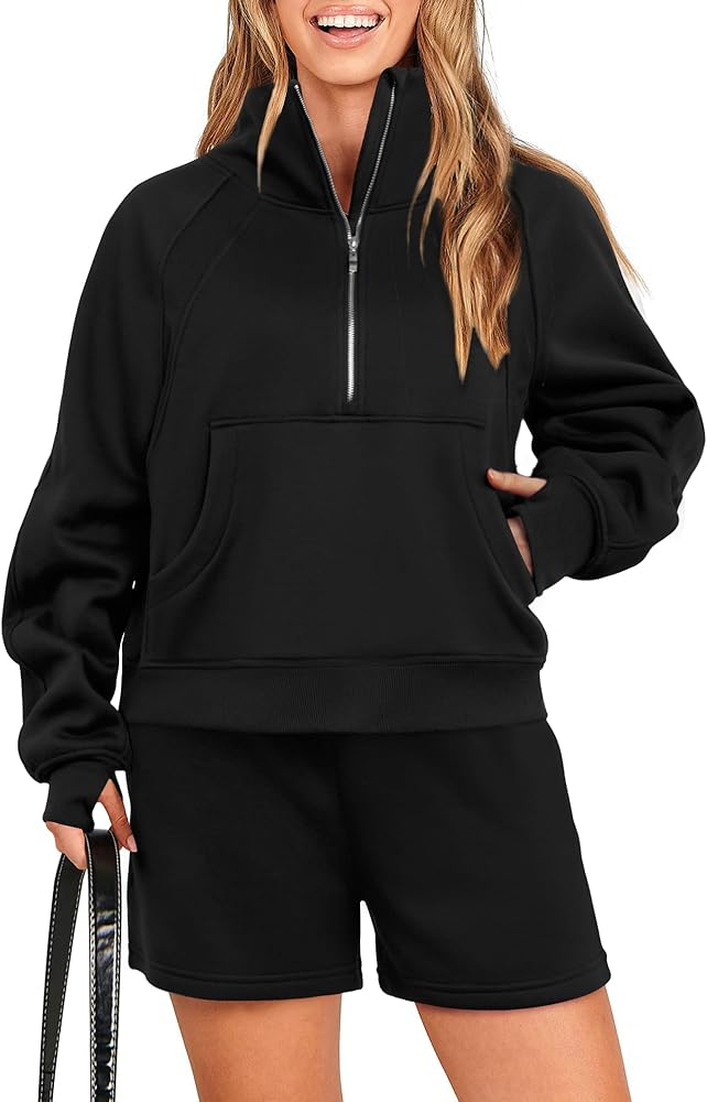 Women 2 Piece Outfits Sweatsuit Half Zip Oversized Sweatshirt & Lounge Shorts Tracksuit Set