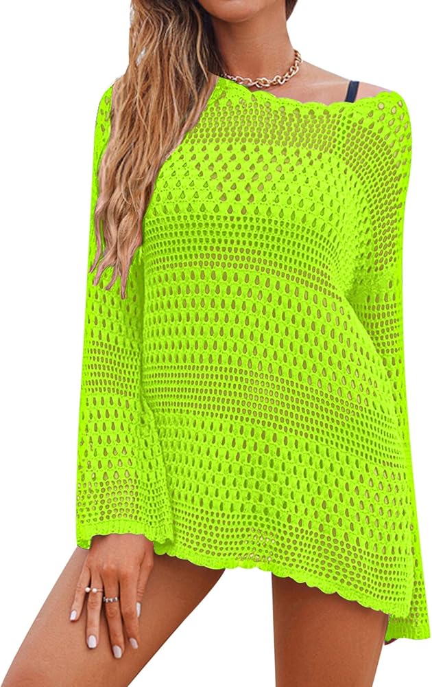 AOLRO Swimsuits Crochet Cover Up Solid Color Beachwear Trumpet Sleeve Bikini Cover Ups Fluo Green XL