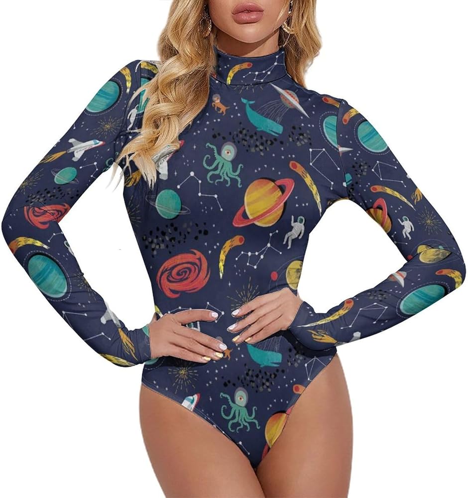 Space Astronaut Women's Bodysuit Tops Turtle Neck Long Sleeve Jumpsuit Print T Shirt