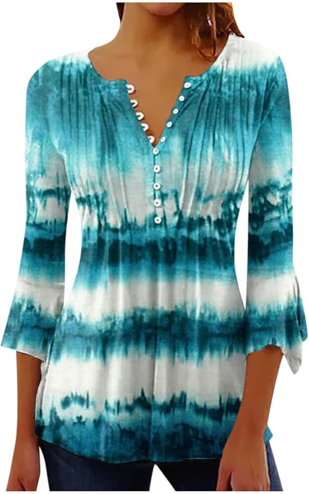 Womens Memorial Day Button Pleated Henley Shirts 4th of July Print Bell 3/4 Sleeve Flare Flowy Tunic Blouses Tops