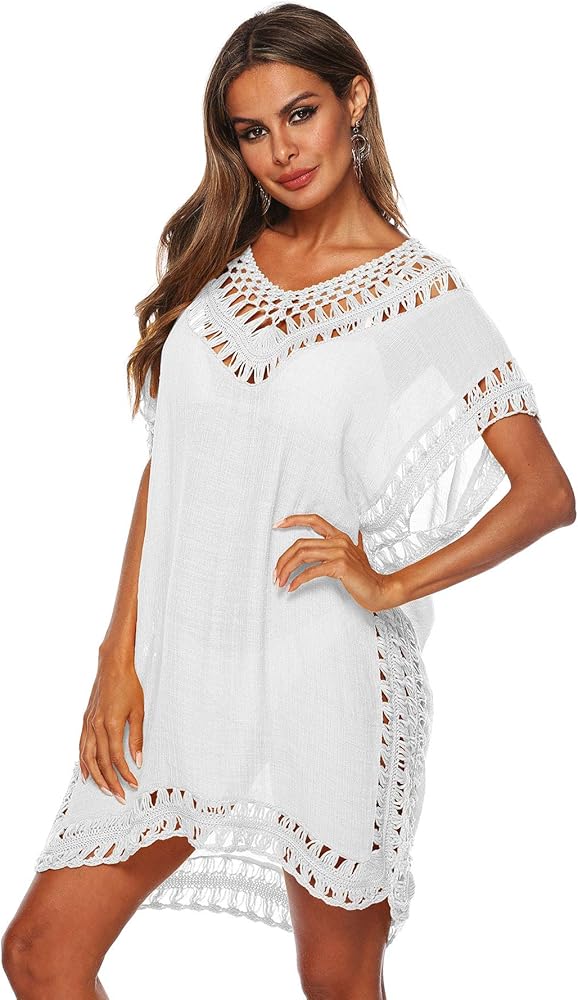 Amormio Women's Hollow-Out Swimsuit Cover Ups Mesh Beach Crochet Chiffon Tassel Bathing Suit Bikini Wear Coverups Dress