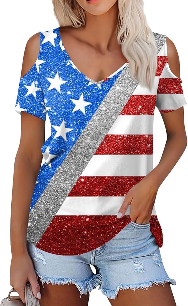 American Flag Patriotic T Shirt Off Shoulder Tops for Women 4th of July Outfits Shirts Casual Short Sleeve Tee Tops