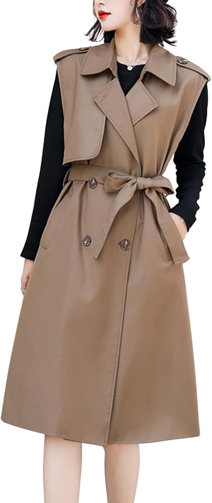 HaoMay Women's Double Breasted Belted Sleeveless Trench Coat Vest Jackets