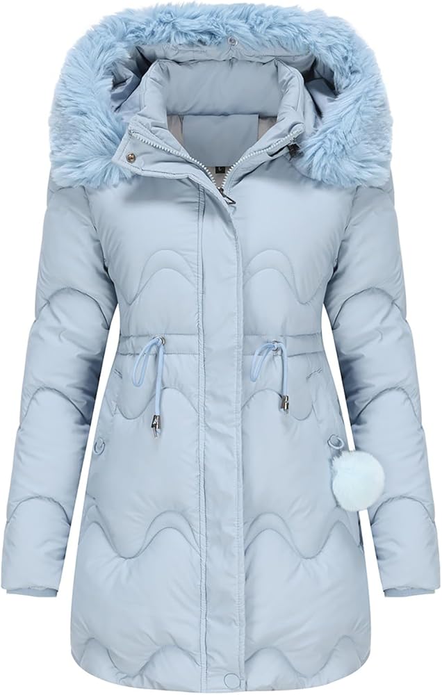 Womens Puffer Jackets with Hood Winter Warm Quilted Jacket Long Slim Fit Padded Zip Up Solid Fluffy Down Coat Trendy