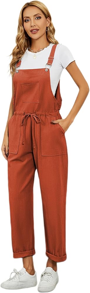 Yeokou Women's Fashion Cotton Linen Adjustable Strap Drawstring Waist Bib Overalls Jumpsuit