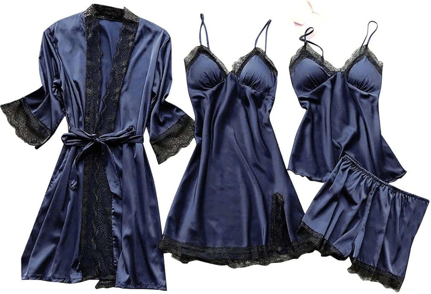 Women's Pajama Sets 4pcs Lace Trim Robes Nightgowns Cami & Shorts Lingerie Sleepwear Christmas Item