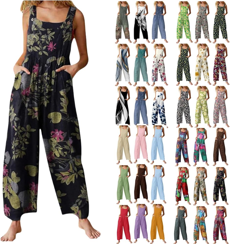 Summer Jumpsuits for Women 2024 Patchwork Casual Adjustable Straps Sleeveless Print Cute Linen Rompers With Pocket