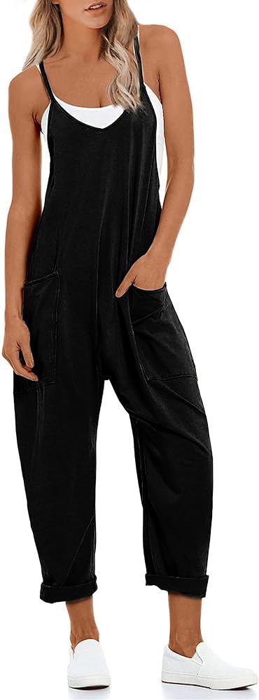 Women's Loose Casual Sleeveless Jumpsuits Adjustable Spaghetti Straps Wide Leg Long Pants V Neck Overalls with Pockets