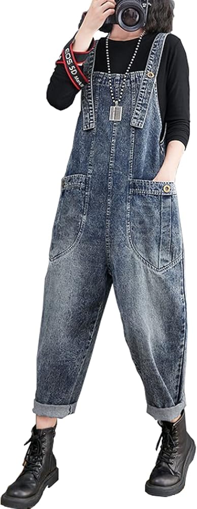 COWOKA Women's Loose Baggy Denim Overalls Casual Vintage Adjustable Straps Stretch Bib Jumpsuit Rompers Harem Pants