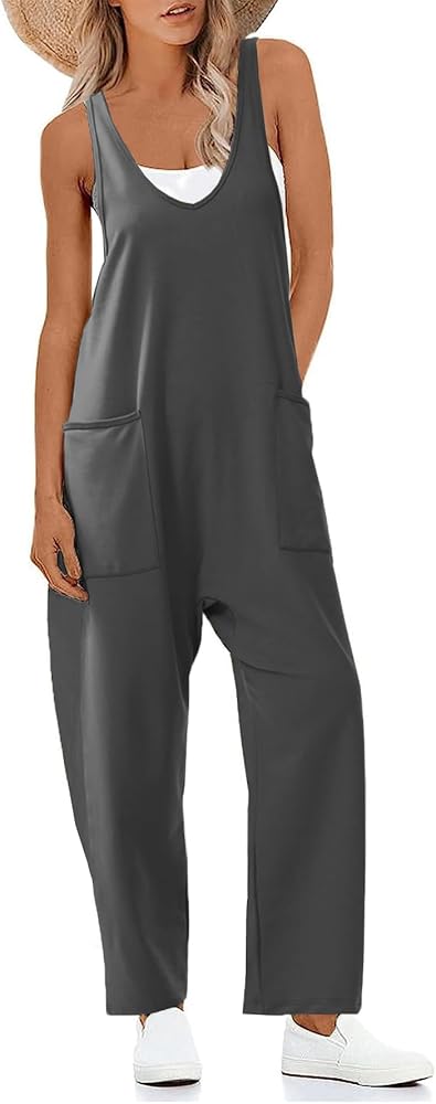 Women's V Neck Sleeveless Jumpsuit Straps Long Pants Rompers with Pockets