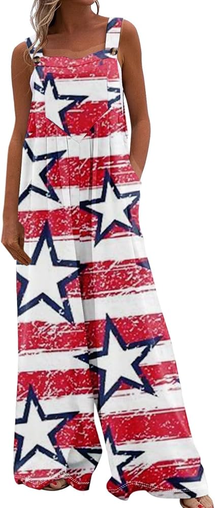 Stylish Women's 4th of July One Piece Linen Jumpsuit with Side Pockets - Summer Casual Patriotic Wide Leg Rompers