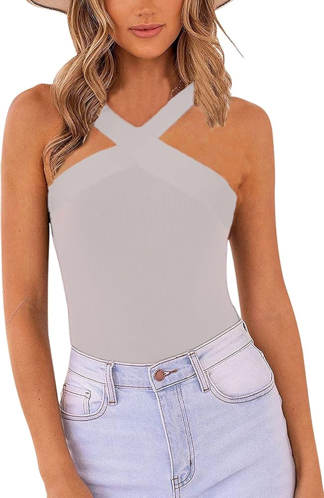 Bodysuit for Women Basic Going Out Top Sleeveless Halter Tops Fitted Ribbed Knit Tank Tops Criss Cross Corset Top