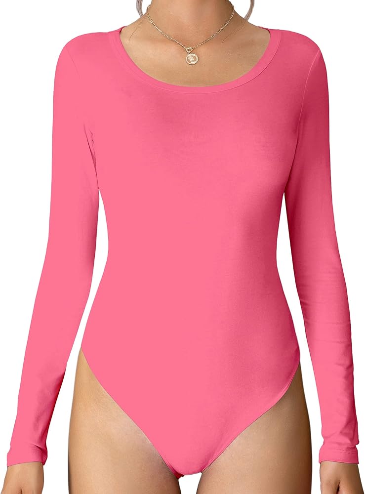 MANGDIUP Womens Crewneck Long Sleeve Bodysuit Basic Stretch Cotton Jumpsuit Tops (7002 Neon Pink Large)