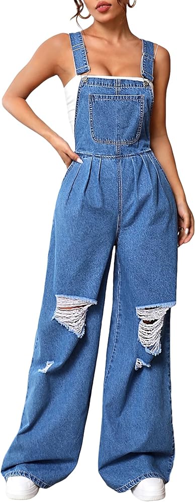 MakeMeChic Women's Ripped Loose Baggy Denim Overalls Sleeveless Wide Leg Jeans Pants Romper Jumpsuit