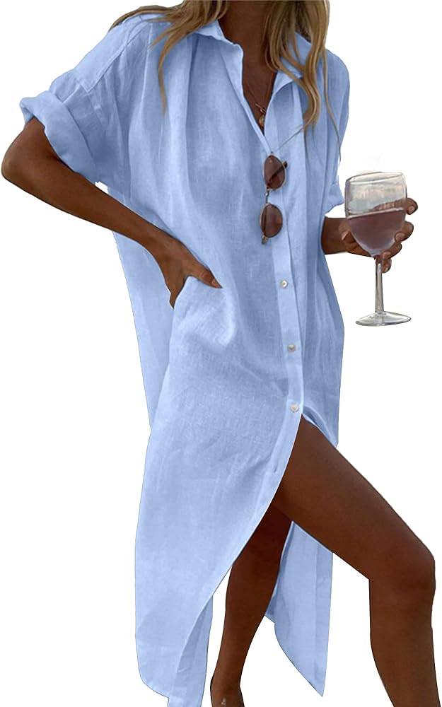 Breezy Lane Swimsuit Coverup for Women Long Button Down Shirt Dress Vacation Wear