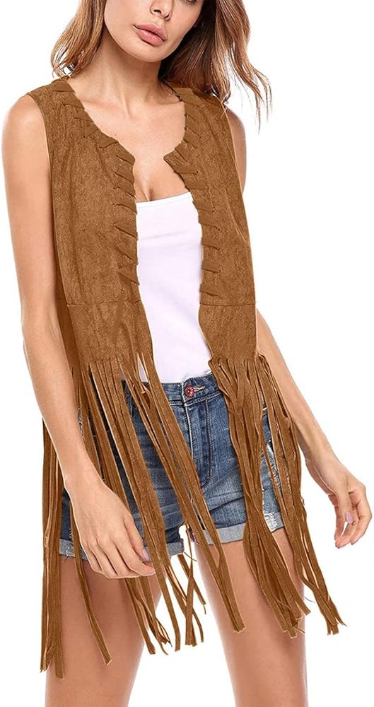 Women's Tassels Faux Suede Vest 70s Hippie Clothes Fringe Jackets Sleeveless Open-Front Cardigan Retro Waistcoat Tops