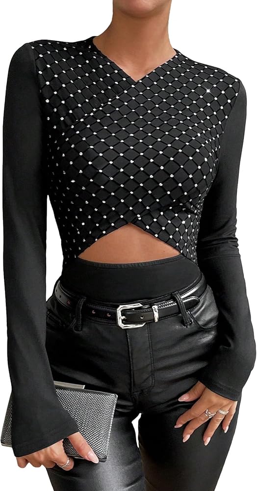 WDIRARA Women's Rhinestone Cut Out Front V Neck Long Sleeve Glitter Party Bodysuit Tops