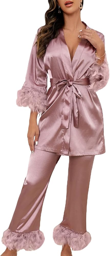 WDIRARA Women's Fuzzy Trim Satin Sleepwear Long Sleeve Tie Belt Top and Pants Pajamas Set