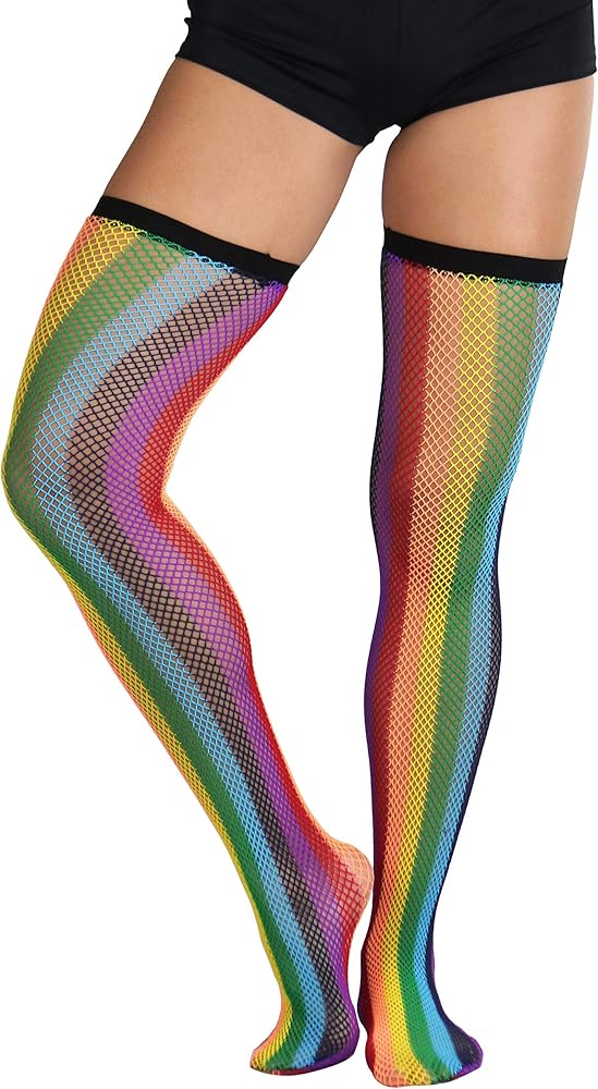 ToBeInStyle Women's Vertical Patterned Rainbow Fishnet Thigh Hi