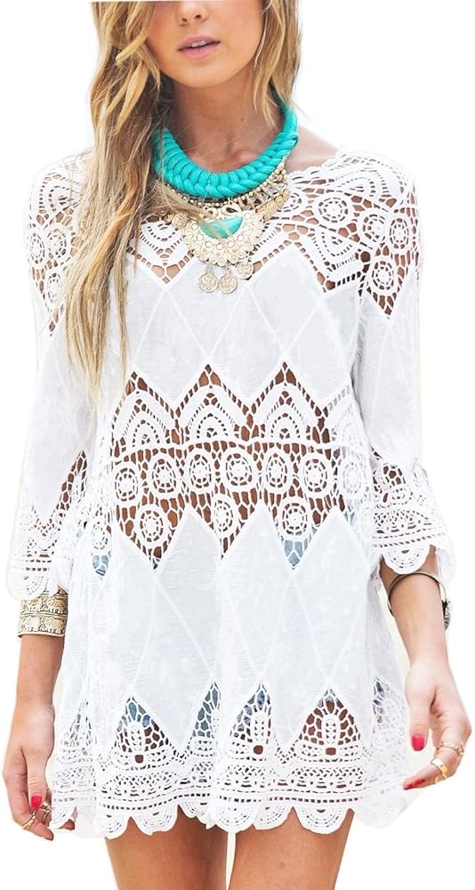 Women's Bathing Suit Cover Up Lace Crochet Tunic Bikini Beach Dress (M, White)