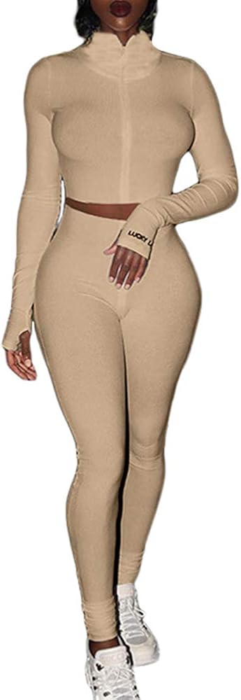 ALLUMK Women Knit 2 Piece Outfits Zipper High Neck Crop Tops Bodycon Pants Set Tracksuits