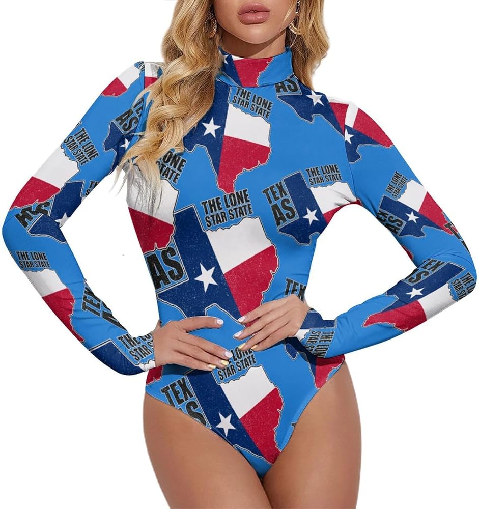 Texas Flag And Map of State Women's Bodysuit Tops Turtle Neck Long Sleeve Jumpsuit Print T Shirt