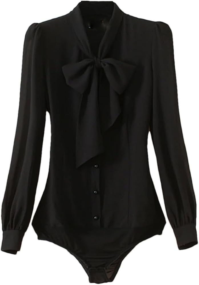 Women Chiffon Bodysuit Long Sleeve V-Neck Office Work Tops And Blouses Formal Body Shirt