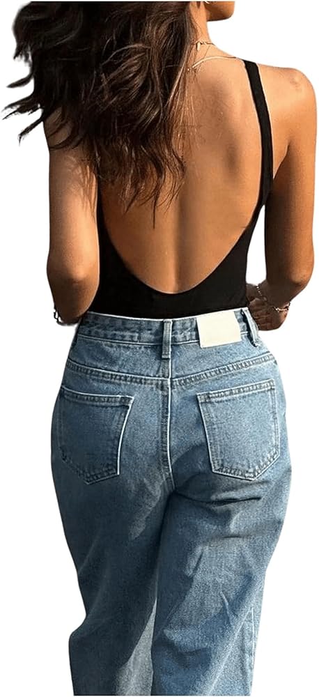 SHENHE Women's Low Back Cami Bodysuit Shirt Sleeveless Sexy Backless Bodysuit Top