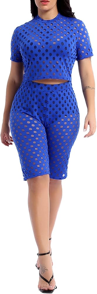 Women Two Piece Shorts Outfits Sets Solid Hollow Out Netted Crop Top Shorts Set Club Activewear