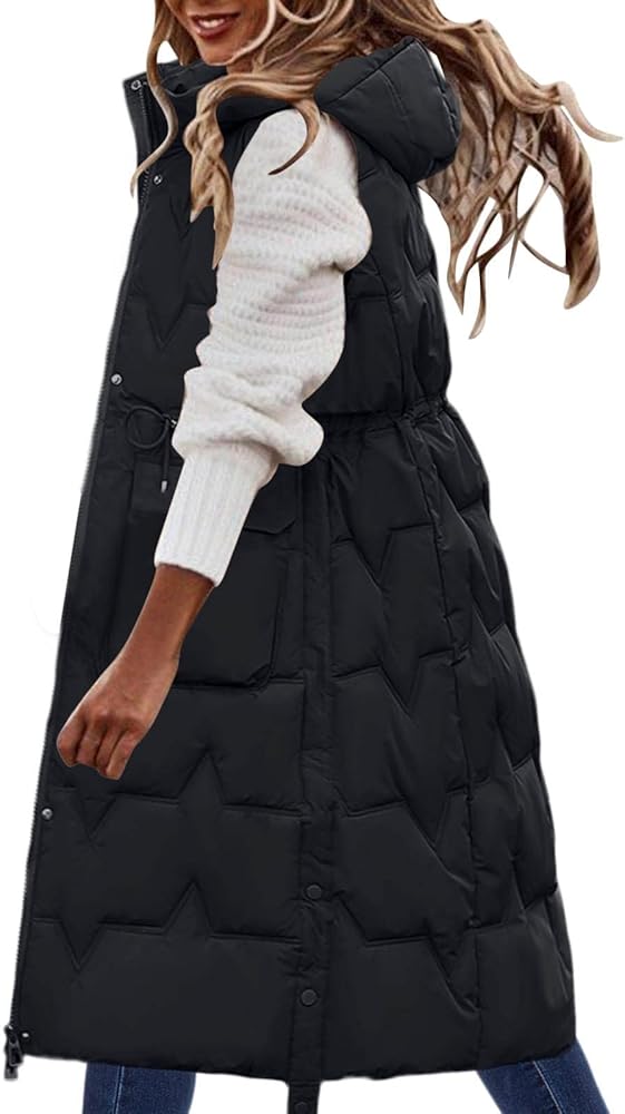 Casual Long Puffer Vest for Women 2024,Plus Size Fashion Sleeveless Warm Coats Dressy Winter Hooded Outdoor Jackets