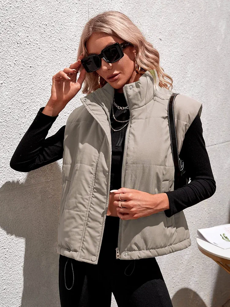 Womens Jackets Jackets for Women Slant Pocket Drawstring Hem Vest Puffer Coat (Color : Khaki, Size : X-Small)