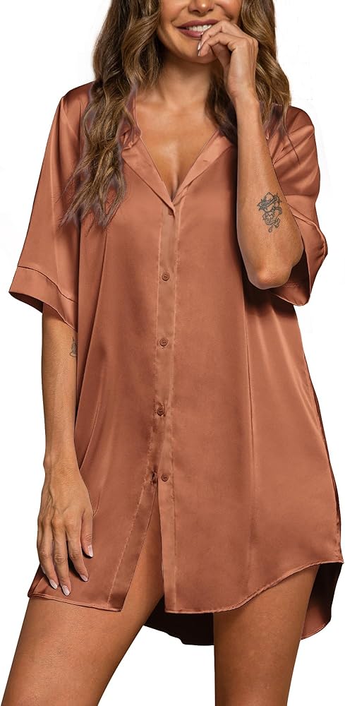 POKWAI Womens Nightgown Satin Button Down 3/4 Sleeve Sleepshirt Boyfriend Notch Collar Nightshirt Sleepwear