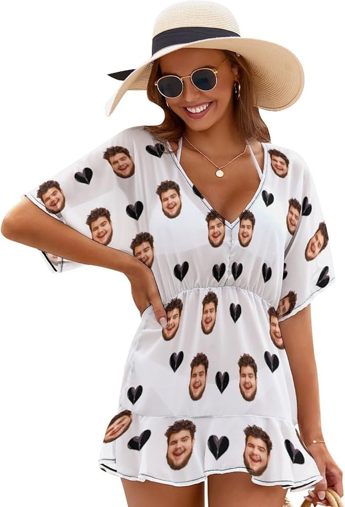 Custom Face Swimsuits for Women Personalized Funny Bathing Suit Coverup Custom Bikini Shirt Beach Cover Ups with Photo