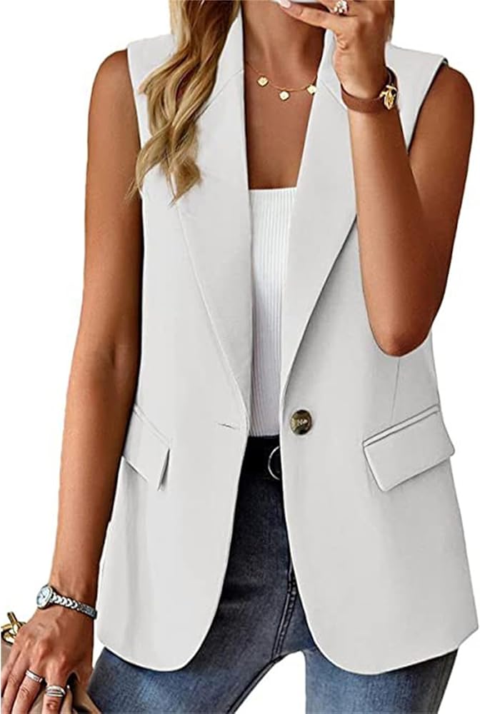 Women's Sleeveless Blazer Vest Open Front Lapel Office Casual Jacket Fashion Solid Color with Pockets One Button 2023