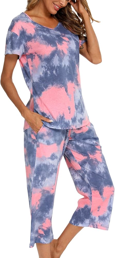 ENJOYNIGHT Women's Tie Dye Pajamas Sets Lounge Short Sleeve Top with Capri Pants Sleepwear 2 Piece Set