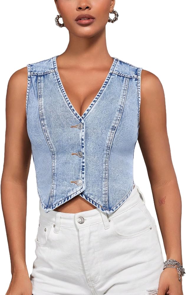 Women's V Neck Asymmetrical Hem Sleeveless Button Front Crop Denim Vest