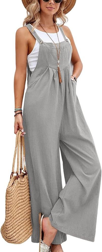 Women Wide Leg Straps Bib Jumpsuit Loose Sleeveless Casual Overalls with Pockets