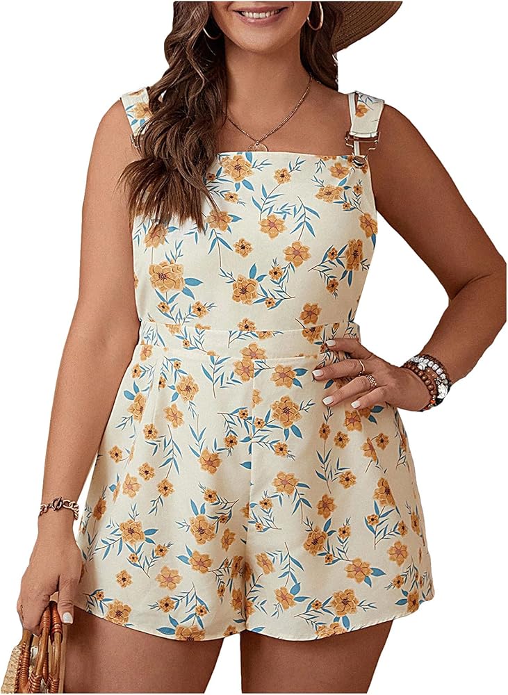 MakeMeChic Women's Plus Size Floral Print Sleeveless Square Neck Short Jumpsuits Overalls Romper